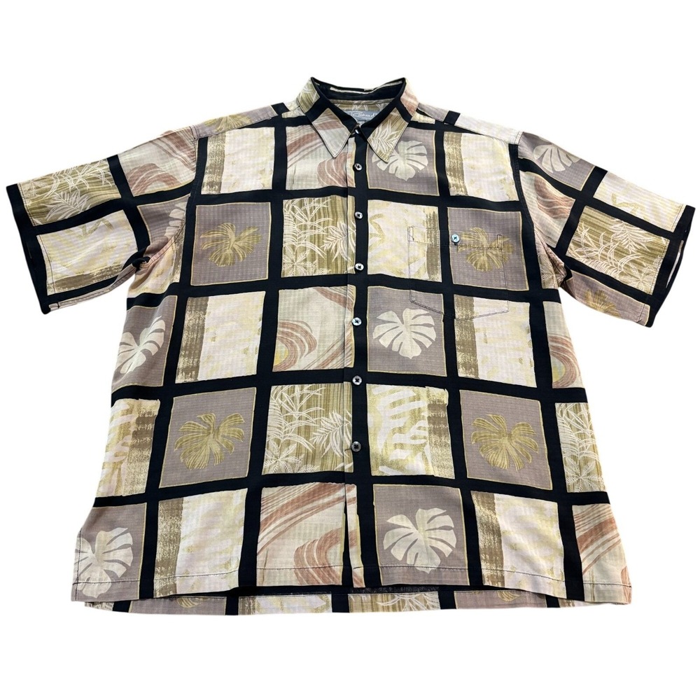 Tori Richard Mens XL Silk Aloha Shirt Black Tan Tropical Leaf Block Print XL